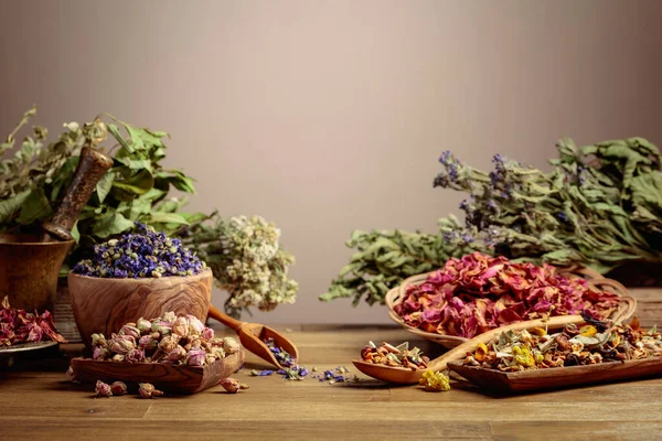 Droge Kruidenthee Mix Diverse Gedroogde Geneeskrachtige Planten Kruiden Bloemen Concept — Stockfoto