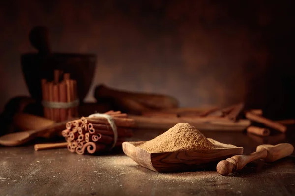Cinnamon Sticks Powder Old Wooden Table Copy Space — Stock Photo, Image