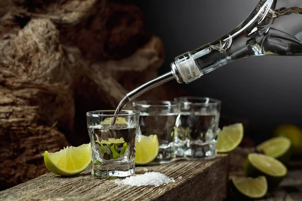Tequila Poured Bottle Glass Strong Alcoholic Drink Salt Lime Slices — Photo