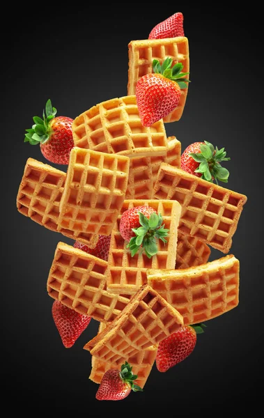 Belgian Waffles Fresh Strawberries Motion Black Background — Stock Photo, Image