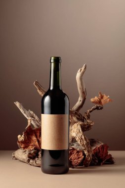 Eski ahşap karışımlı bir şişe kırmızı şarap. Ürün markalaşma, kimlik ve ambalaj için bej arka planda minimal kompozisyon. Boşluğu kopyala.