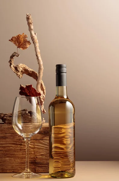 Bottle White Wine Composition Old Plank Dry Snags Dried Vine — Stock Photo, Image