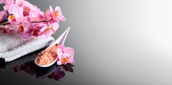 Belle Floraison Fleurs Orchidée Rose Sel Mer Concept Pour Spa — Photo