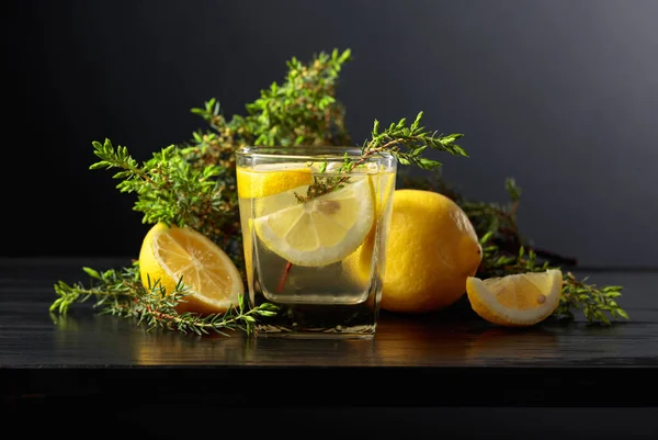 黒の木のテーブルの上に氷 レモン ジュニパーの枝を持つカクテル銀強壮剤 — ストック写真