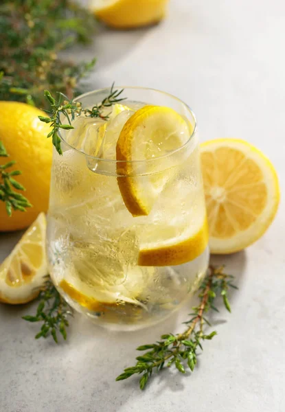 Cóctel Gin Tonic Con Hielo Limón Ramas Enebro Una Mesa — Foto de Stock