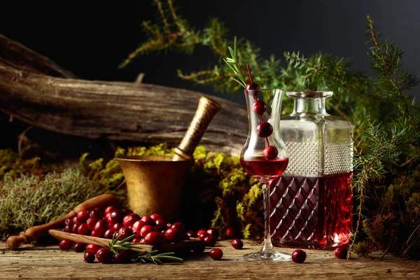 Cranberry Liquor Berries Old Wooden Table Background Moss Juniper Branch — Stock Photo, Image