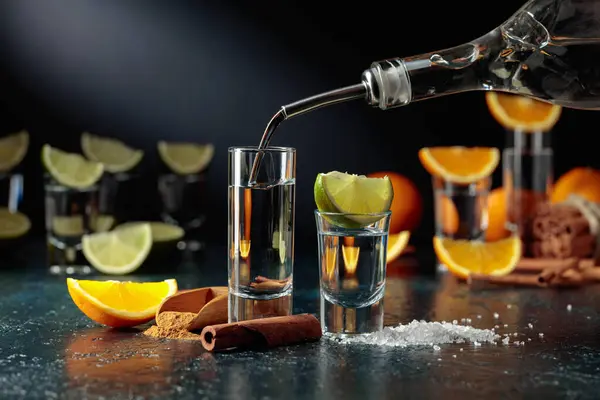 Tequila Poured Glass Tequila Lime Salt Tequila Orange Cinnamon — Foto Stock