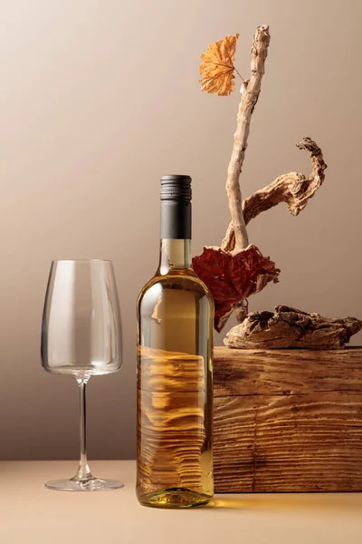 Flasche Weißwein Mit Einer Komposition Aus Alten Brettern Trockenen Haken — Stockfoto