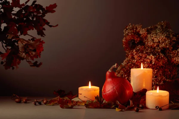 Zátiší Dýní Vyschlými Listy Hořícími Svíčkami Pozadí Sušené Hortenzie Květiny — Stock fotografie