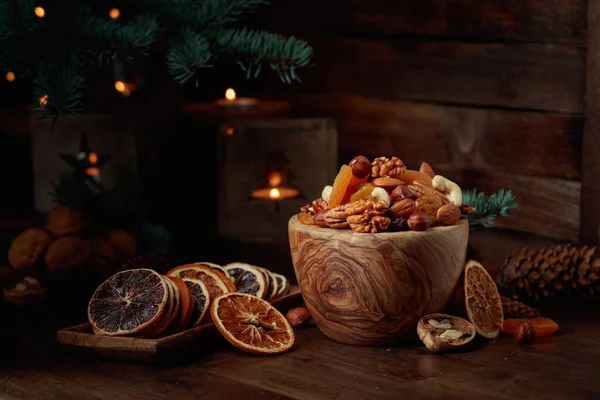 Dried Fruits Assorted Nuts Old Wooden Table Christmas Still Life — Stock Photo, Image