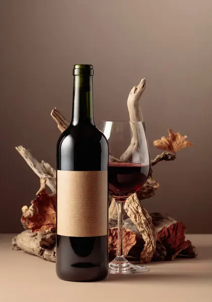 酒壶和红葡萄酒杯 由古老的木料组成 产品品牌 身份和包装的米色背景的最低限度的构图 复制空间 — 图库照片