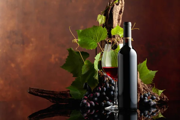 Glass Bottle Red Wine Blue Grapes Vine Branches Copy Space — Stock Photo, Image