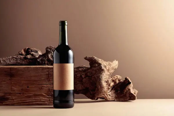 Botella Vino Tinto Con Una Vieja Etiqueta Vacía Sobre Fondo —  Fotos de Stock