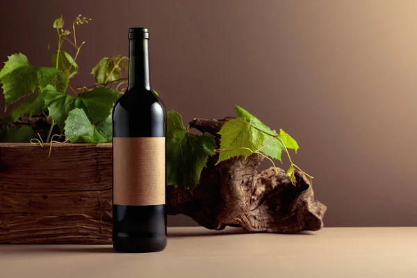 Bottle of red wine with old wood and vine branches. On a bottle old empty label. Copy space.