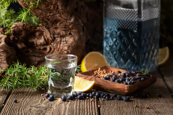 Gin Bleu Branches Genièvre Sur Une Vieille Table Bois Gin — Photo