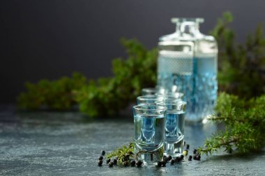 Mavi cin ve ardıç dalları eski, koyu mavi bir masada. Ardıç meyveli cin. Boşluğu kopyala.
