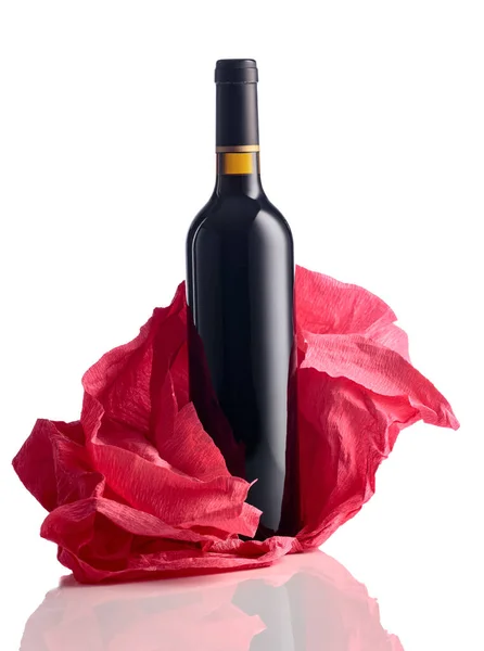 Bottle Red Wine Crumpled Red Crepe Paper Isolated White Background — Stock Photo, Image
