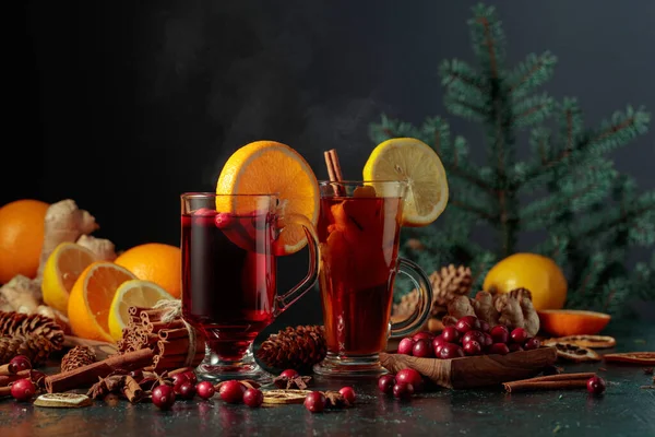 Hot Christmas Drinks Spices Fruits Copy Space — Stock Photo, Image