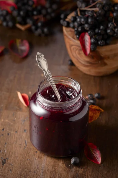 Chokeberry Jam Fresh Berries Leaves Old Wooden Table — Stock Photo, Image