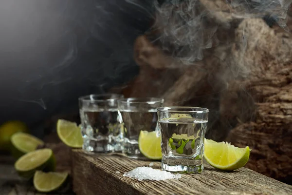 Tequila Salt Lime Slices Old Wooden Board — Foto Stock