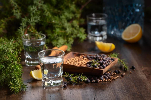 Blue Gin Juniper Branches Old Wooden Table Gin Ingredients Juniper — Stock Photo, Image
