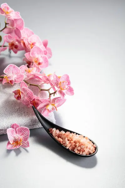 Piękne Kwitnące Kwiaty Storczyka Różowa Sól Morska Koncepcja Spa Przestrzenią — Zdjęcie stockowe