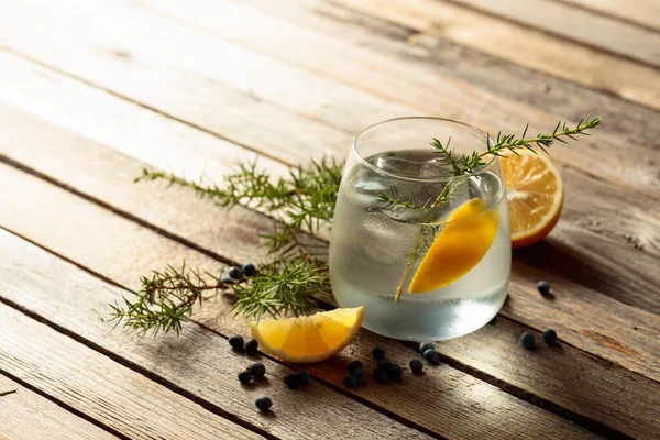 Alcohol Drink Gin Tonic Cocktail Lemon Juniper Branch Ice Rustic — Stock Photo, Image