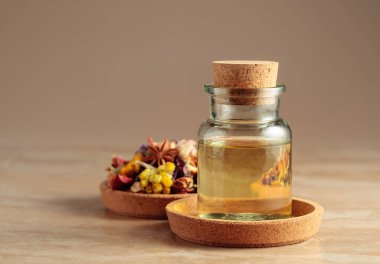 Temel yağ ya da küçük bir cam şişedeki bitkisel tentür. Bej bir arka planda kurutulmuş sağlıklı şifalı bitkiler ve şifalı bitkilerin karışımı. Boşluğu kopyala.