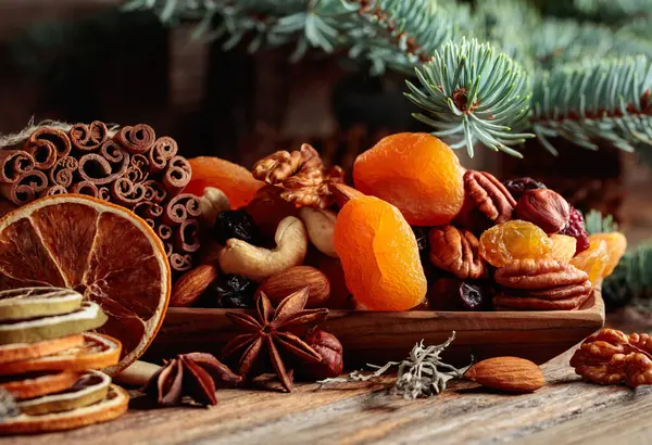 Dried Fruits Nuts Old Wooden Table Christmas Still Life Dried — Stock Photo, Image