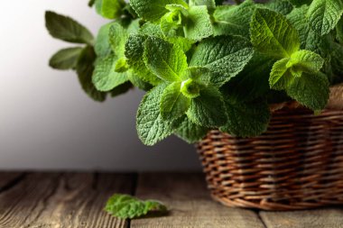 Eski ahşap bir masada, sepetteki taze nane. Boşluğu kopyala.