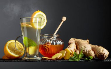 Limonlu zencefil çayı, nane ve bal. Boşluğu kopyala.