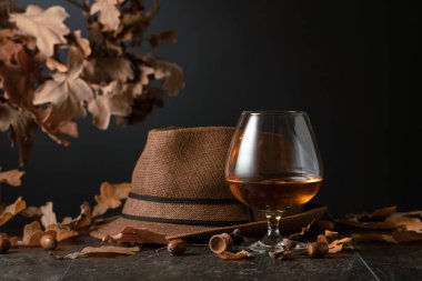Kurumuş meşe yaprakları ve bir adamın şapkasıyla taş bir masada konyak..
