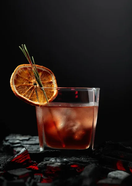 Old Fashioned Cocktail Whiskey Ice Dried Orange Slice Rosemary — Stock Photo, Image
