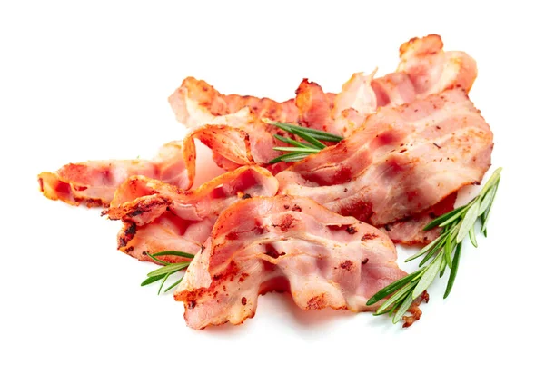 Fried Bacon Slices Rosemary Isolated White Background — Stock Photo, Image