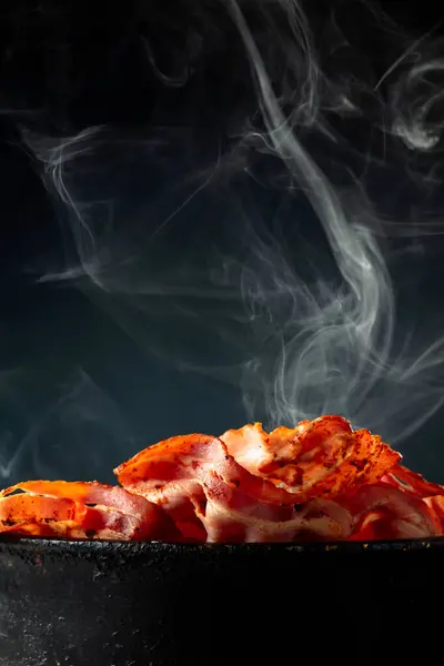 Fried Steaming Bacon Slices Old Black Pan Black Background Copy — Stock Photo, Image