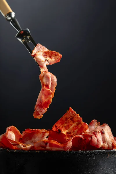 Fried Bacon Slices Old Black Pan Black Background Copy Space — Stock Photo, Image