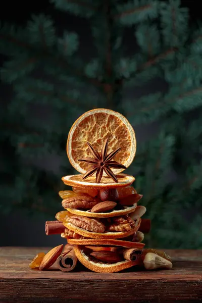 Dried Fruits Nuts Old Wooden Table Christmas Still Life Spruce — Stock Photo, Image