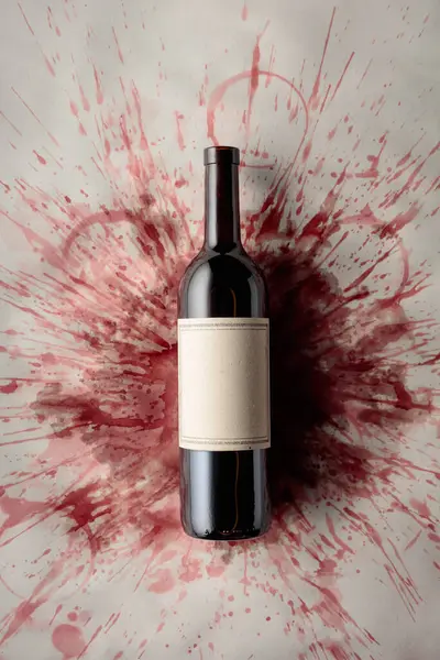 Bottiglia Vino Rosso Con Vecchia Etichetta Vuota Sfondo Con Macchie — Foto Stock