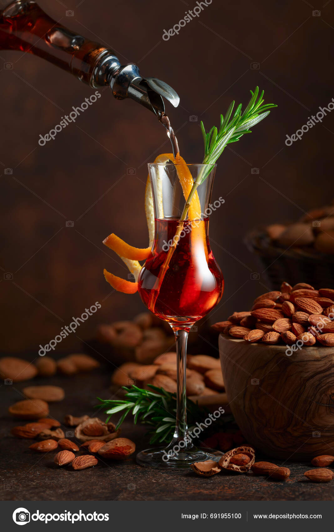 Italian Liqueur Amaretto Poured Bottle Glass Glass Liqueur Garnished