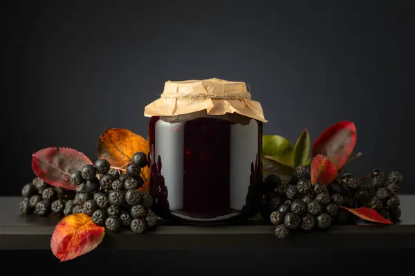 Chokeberry Jam Fresh Berries Leaves Black Background — Stock Photo, Image
