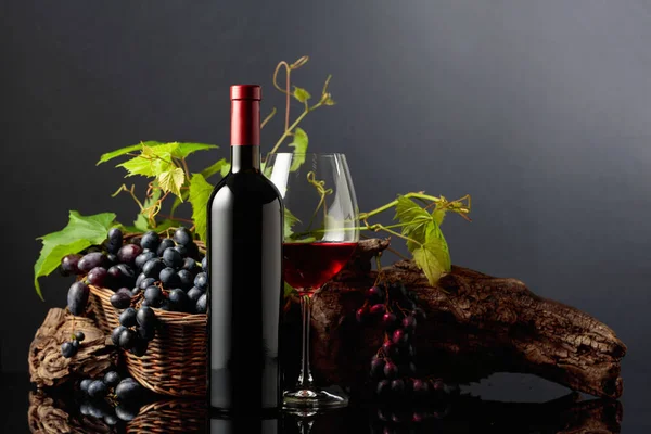 Glass Bottle Red Wine Blue Grapes Vine Branches Copy Space — Stock Photo, Image