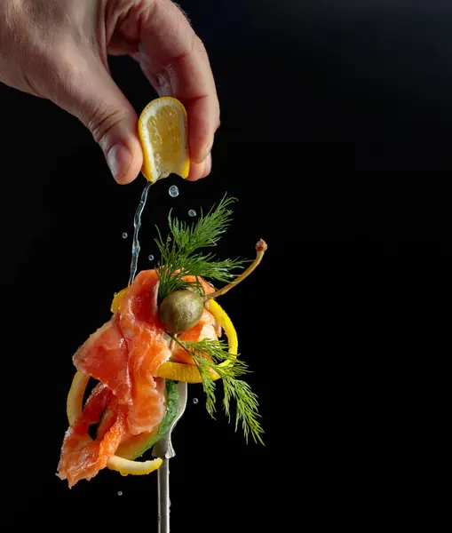 Smoked Salmon Dill Cucumber Capers Sprinkled Lemon Juice Copy Space — Stock Photo, Image
