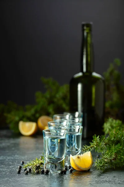 Blue gin and juniper branches on an old dark blue table. Gin with juniper berries, lemon slices, and vintage bottle.