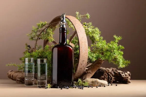 Gin in vintage bottle with rusty iron wheel, old snags, and juniper branches with berries.
