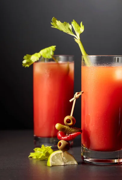 Bloody Mary Cocktail Celery Gherkin Olive Lime Red Pepper Tomato — Stock Photo, Image