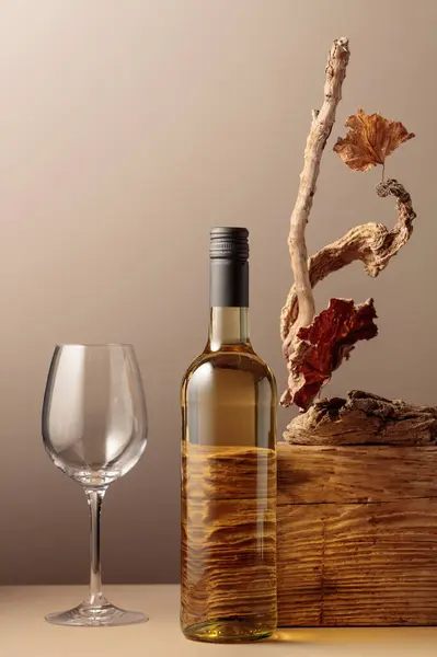 Bottle and glass of white wine with a composition of old plank, dry snags, and dried vine leaves. Neutral beige background for product branding, identity, and packaging. Copy space, front view.