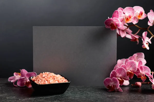 Beautiful Blooming Orchid Flowers Pink Sea Salt Concept Image Spa — Stock Photo, Image