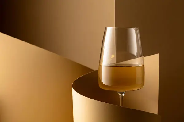 Glass White Wine Beige Background Copy Space — Stok fotoğraf