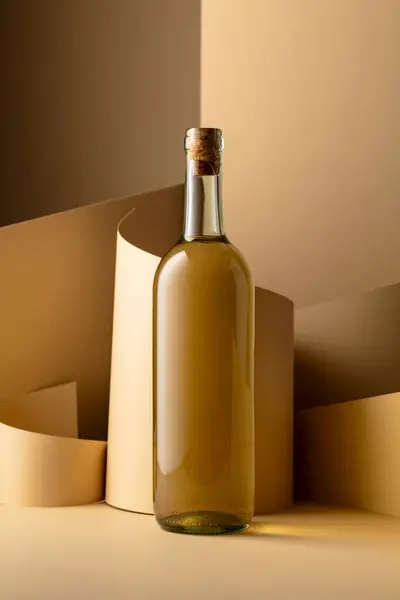 Bottle White Wine Beige Background Copy Space — Stockfoto