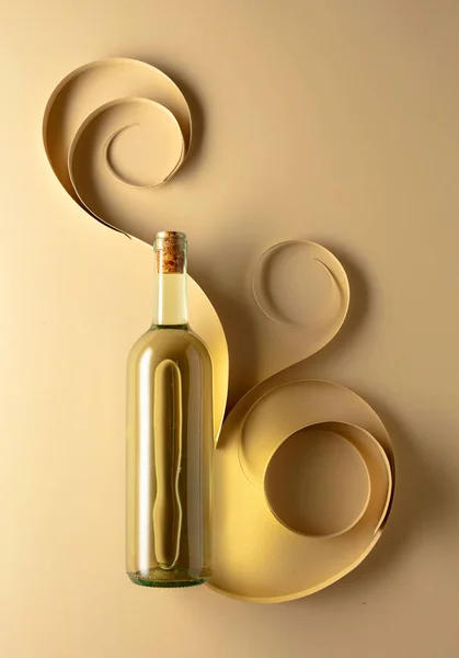 Bottle White Wine Beige Background Top View Copy Space — Stock Photo, Image